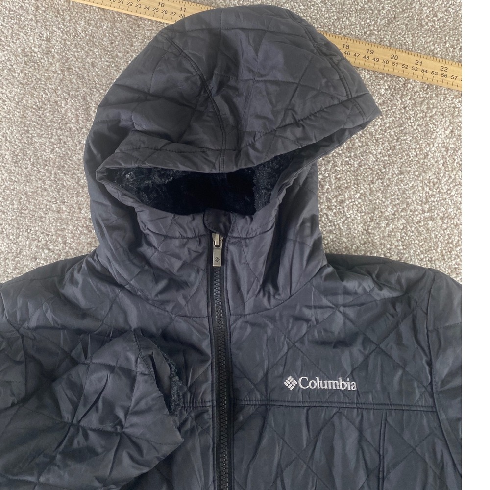 Columbia Women Small Preppy Black Quilted Fleece Lined Hooded Jacket XK1191 Warm
